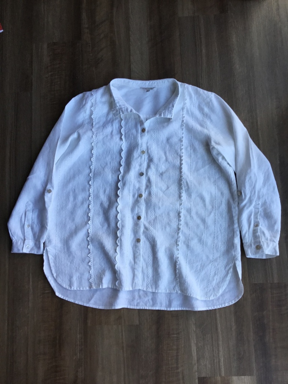 John Mark White Linen Embroidered Long Sleeve Button Down Shirt Roll Tab